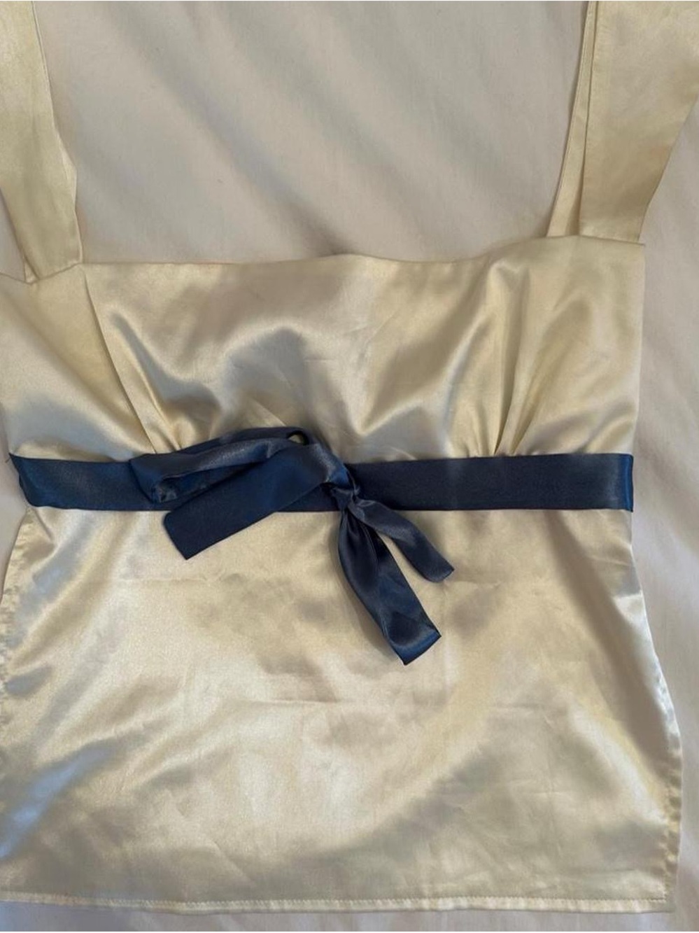 Enduring Kairos Ivory Satin Tank Top with Navy Waist Tie